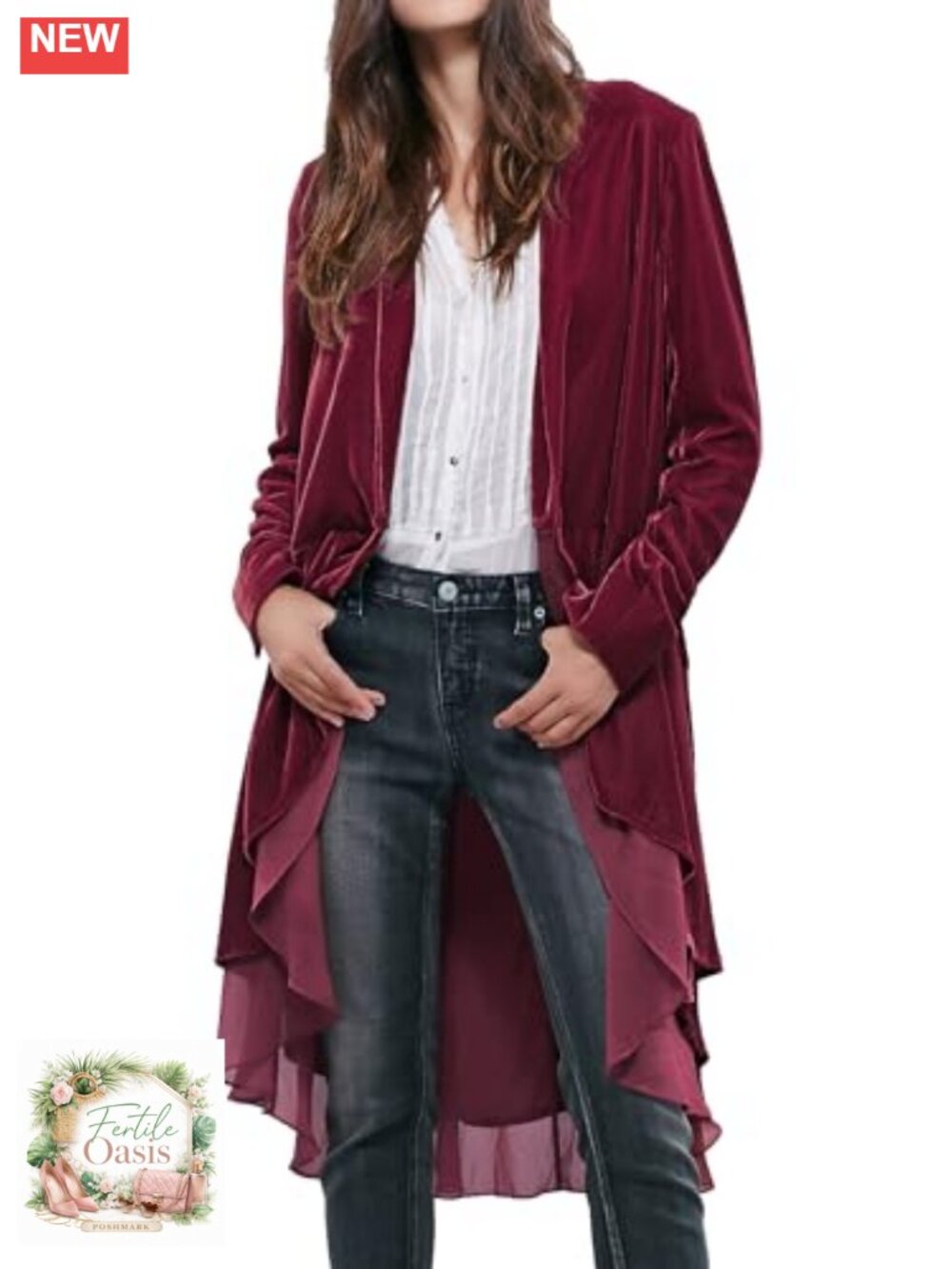 Women's Velvet Long Blazer Coat Ruffled Asymmetric Hem Cardigan Collarless